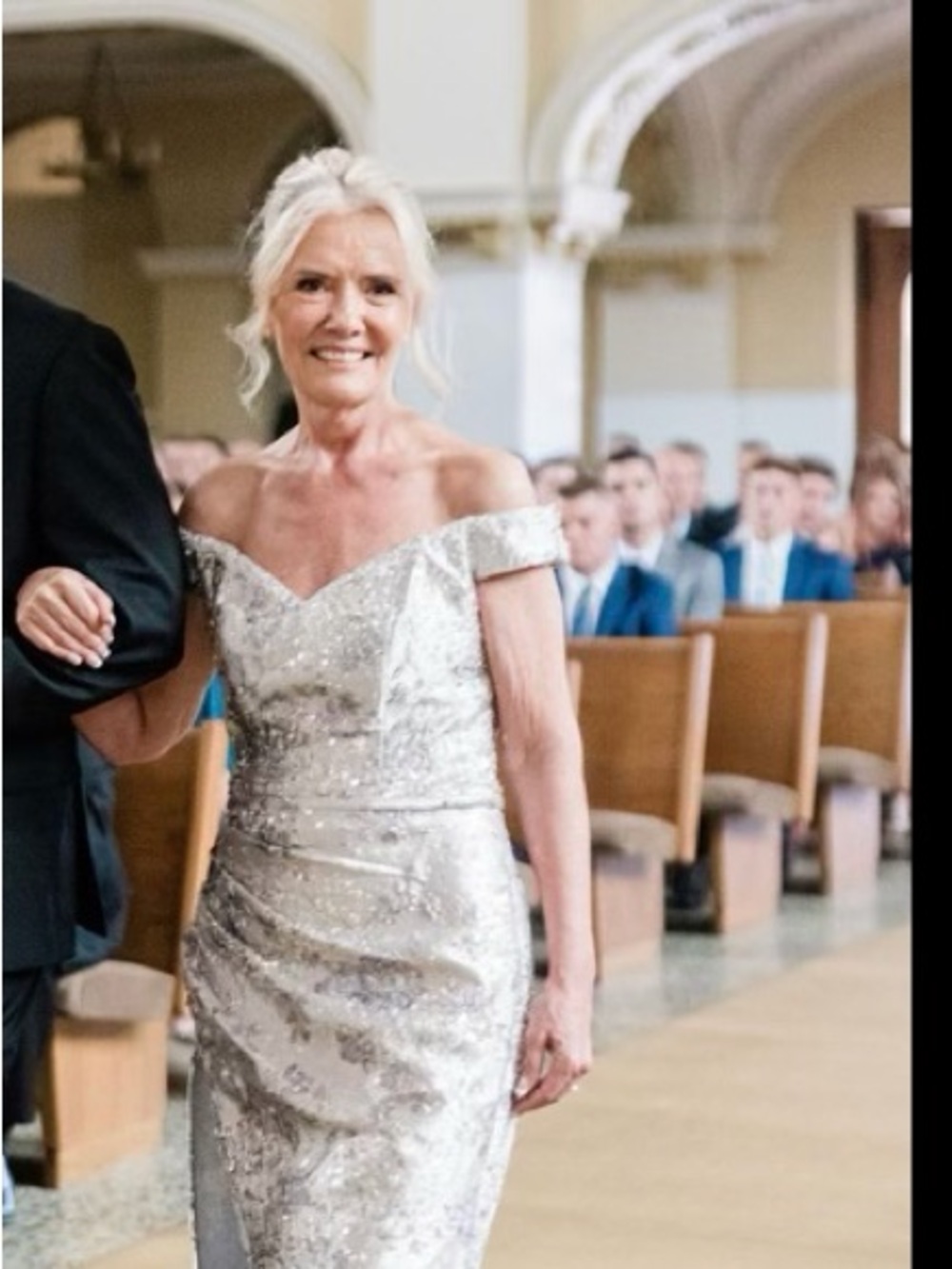 Rina diMontella Silver Metallic Off-Shoulder Wedding Dress mother of the bride - Picture 6 of 11